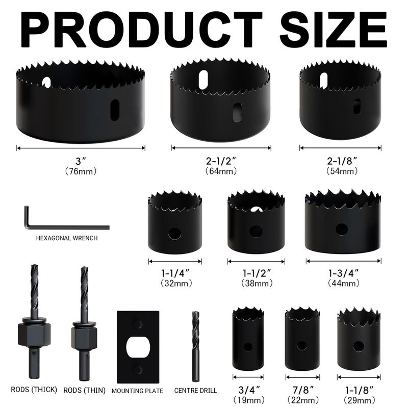 METOTO 14PCS Hole Saw Kit (3/4" to 3"|19-76mm) with Mandrel & Accessories Cutter for Soft Wood, PVC Board & Home Projects - Image 2